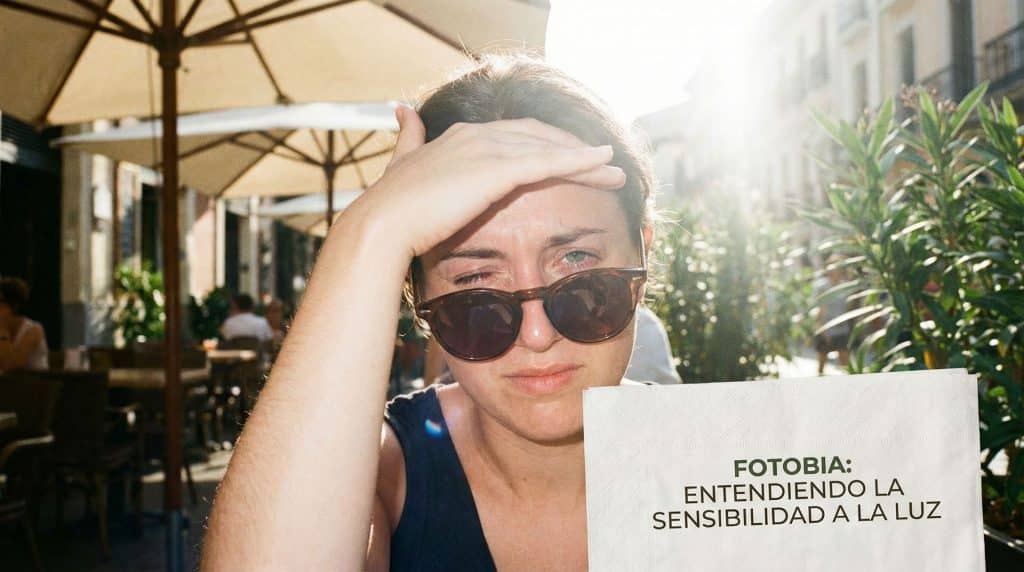 Persona con ojos cerrados protegiéndose de una luz brillante, ilustrando los síntomas de la fotofobia.