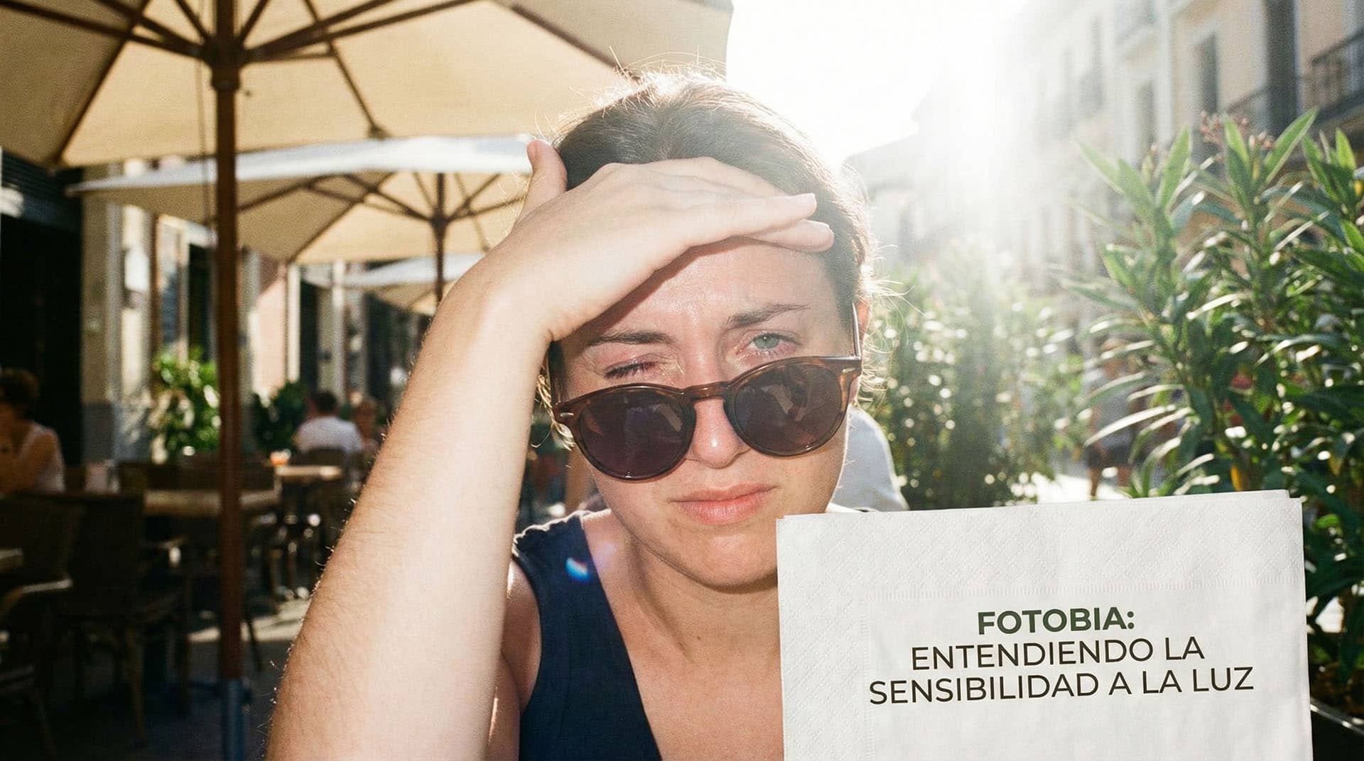 Persona con ojos cerrados protegiéndose de una luz brillante, ilustrando los síntomas de la fotofobia.